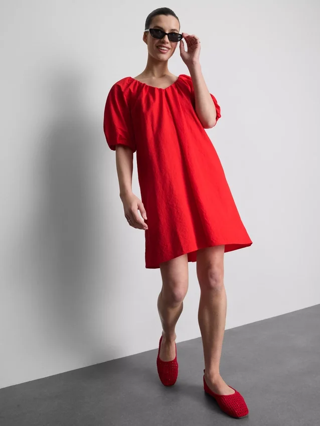 Puff-sleeve mini smock dress