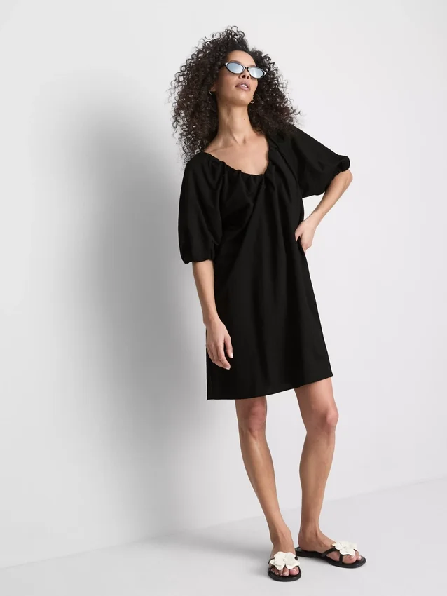 Puff-sleeve mini smock dress