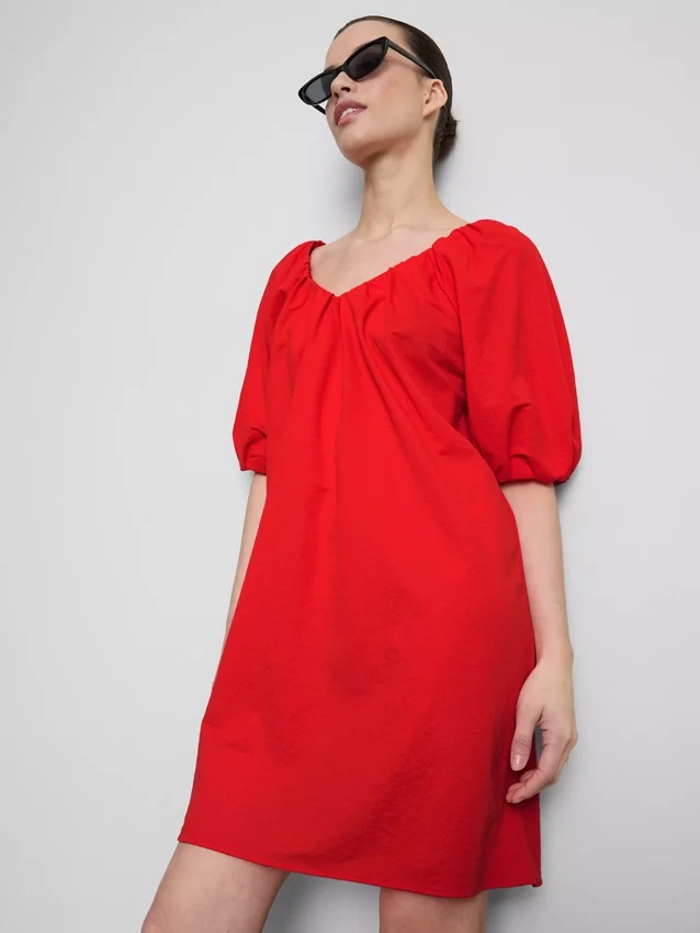 Puff-sleeve mini smock dress