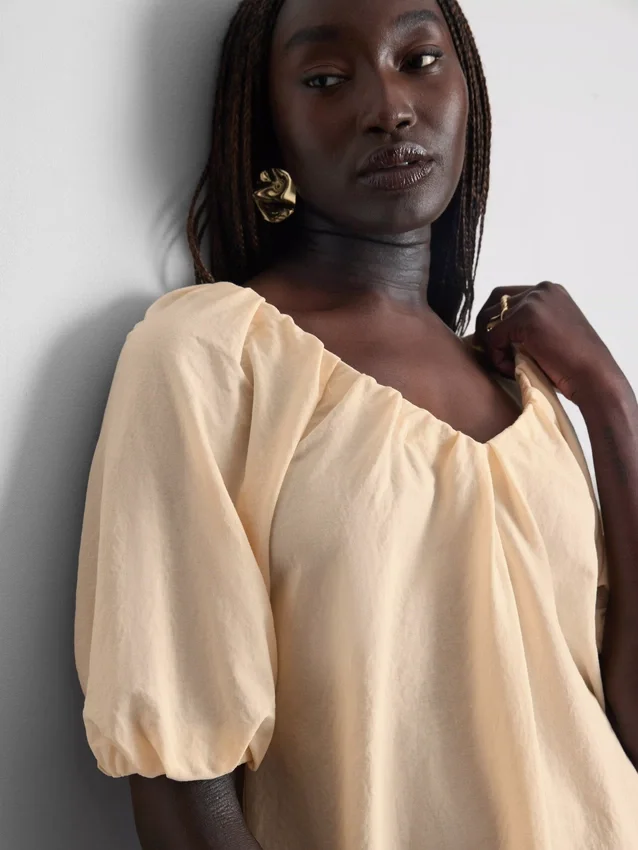 Puff-sleeve mini smock dress