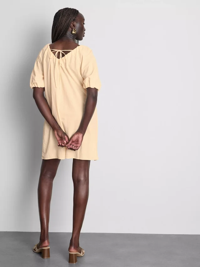Puff-sleeve mini smock dress