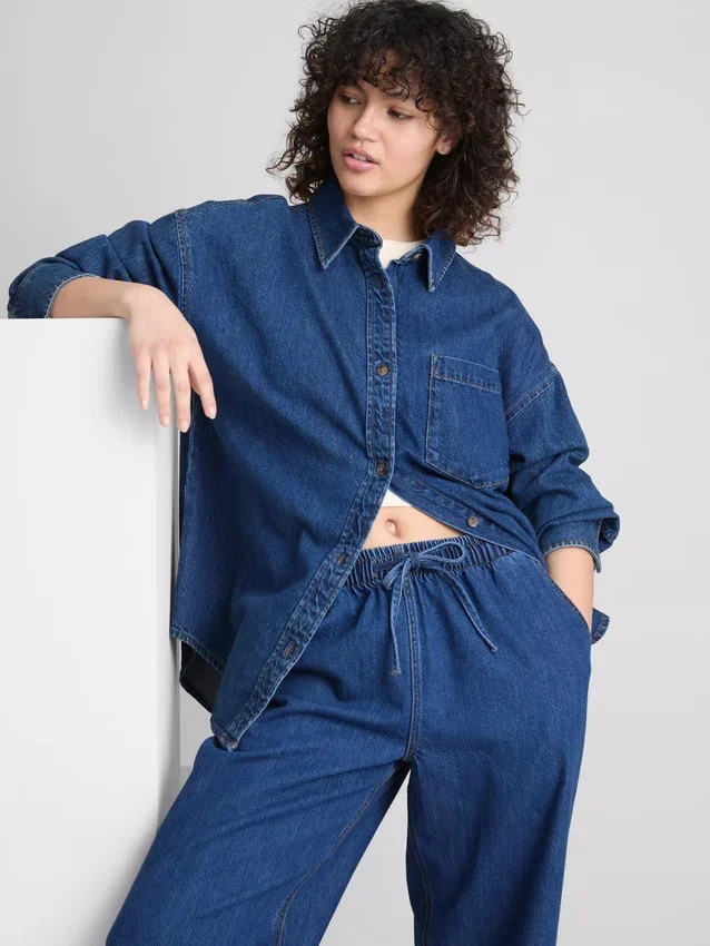 Relaxed cotton denim button-up shirt