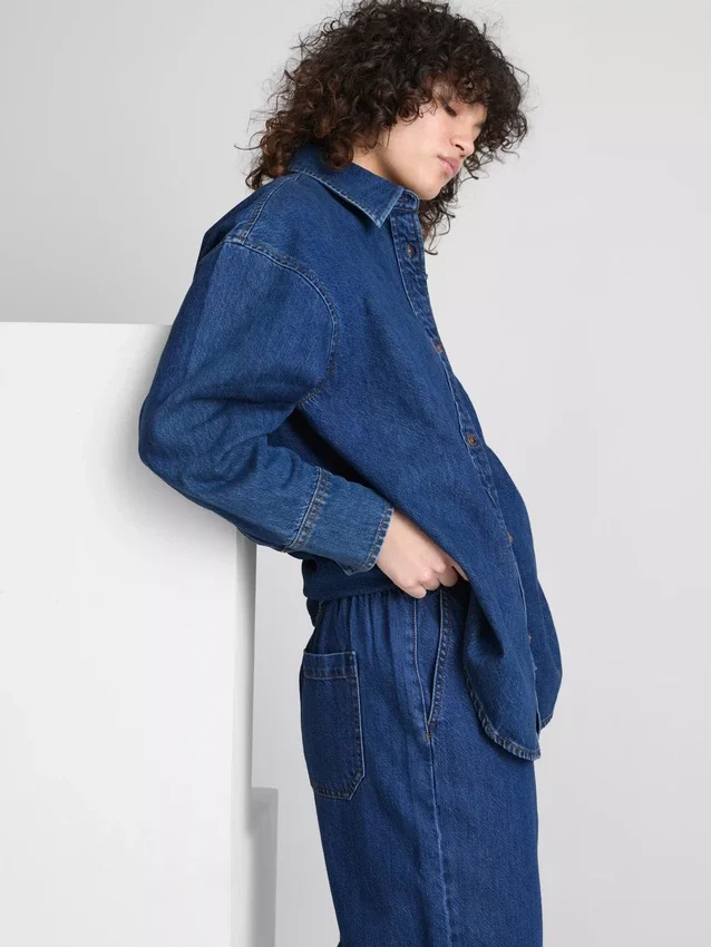 Relaxed cotton denim button-up shirt