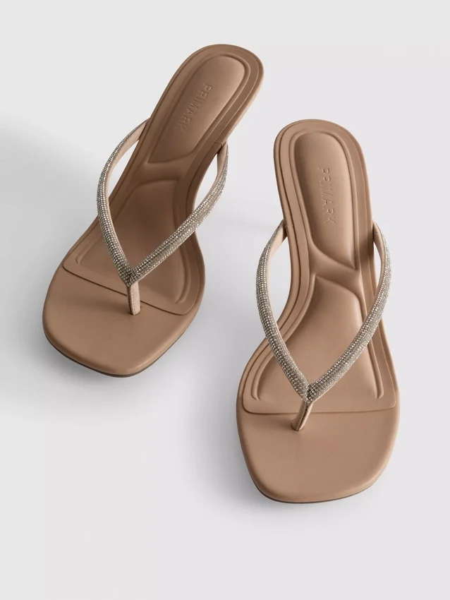 Rhinestone toe post heeled sandals