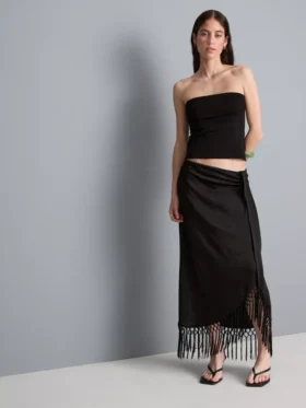 Satin fringe midi skirt