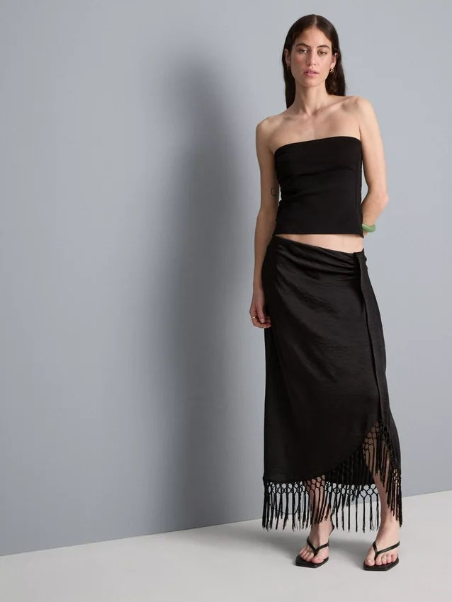 Satin fringe midi skirt
