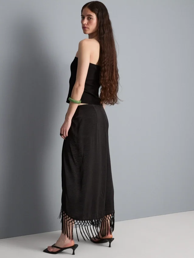 Satin fringe midi skirt