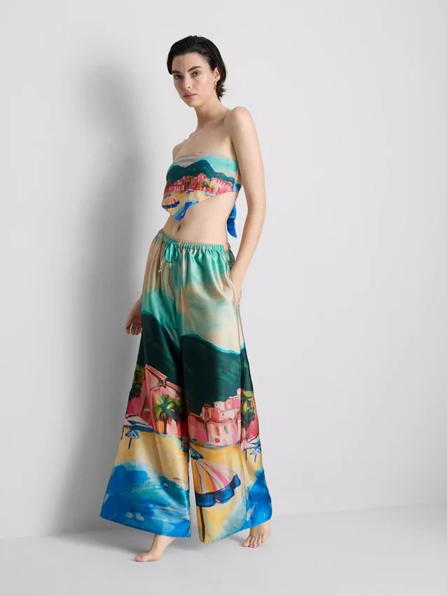 Satin scenic print beach pants