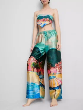 Satin scenic print beach pants