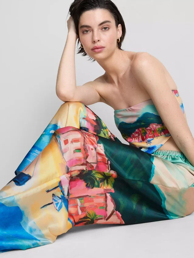 Satin scenic print beach pants
