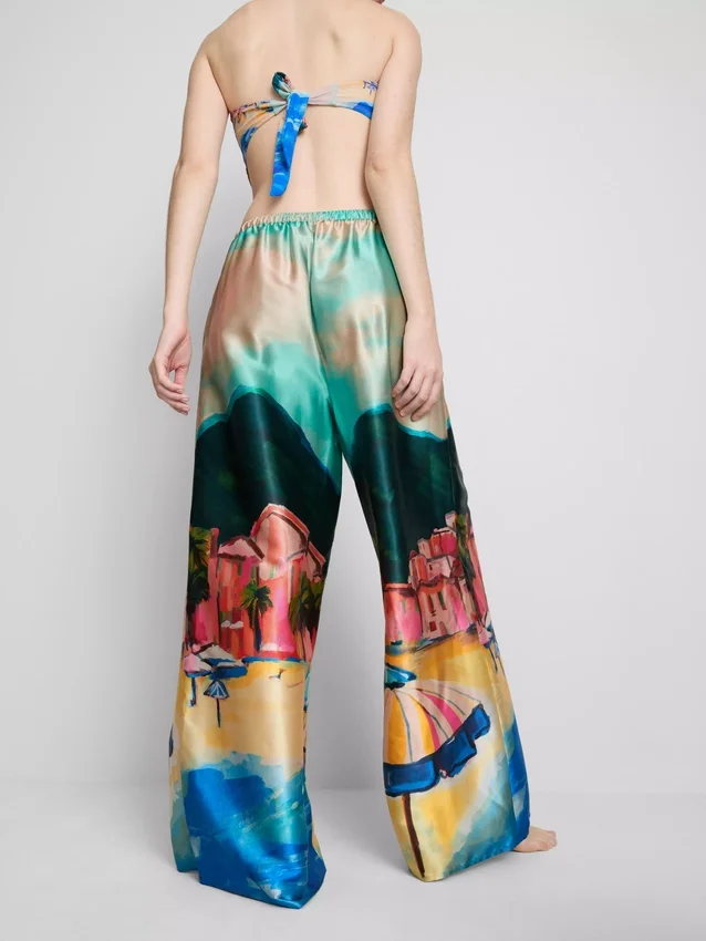 Satin scenic print beach pants
