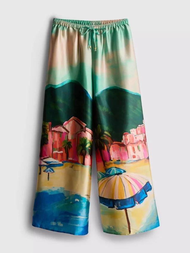 Satin scenic print beach pants