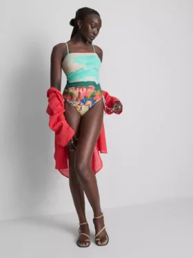 Scenic-print ruched swimsuit