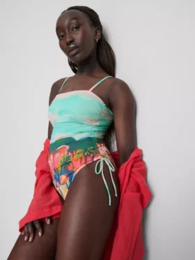 Scenic-print ruched swimsuit