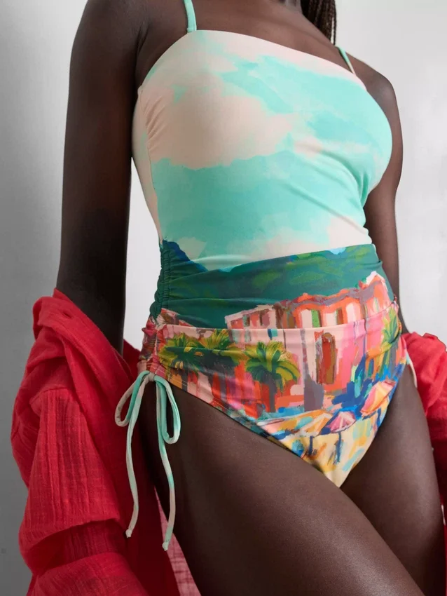 Scenic-print ruched swimsuit