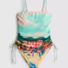Scenic-print ruched swimsuit