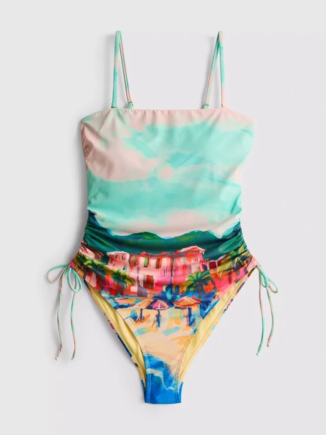 Scenic-print ruched swimsuit