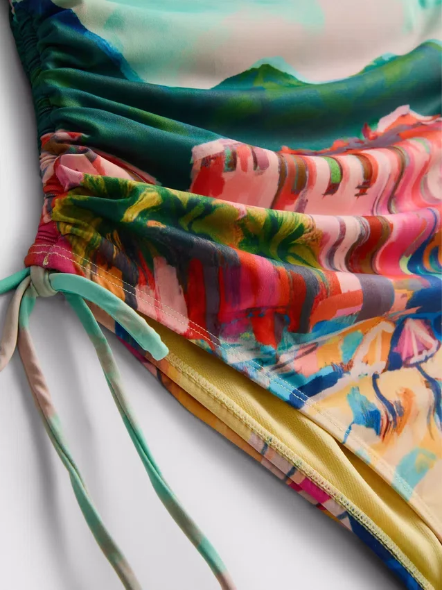 Scenic-print ruched swimsuit