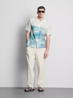Scenic-print short-sleeve button-down shirt