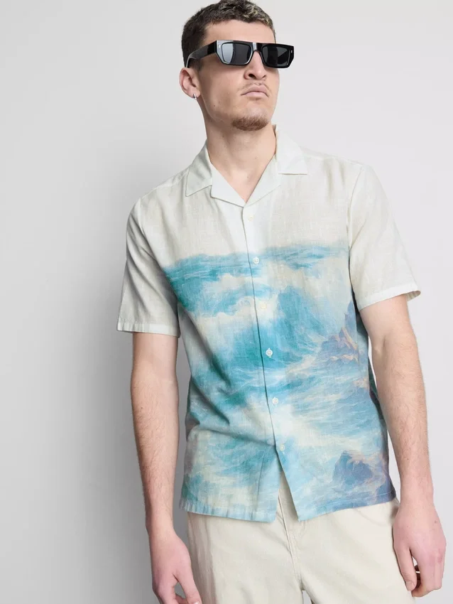 Scenic-print short-sleeve button-down shirt