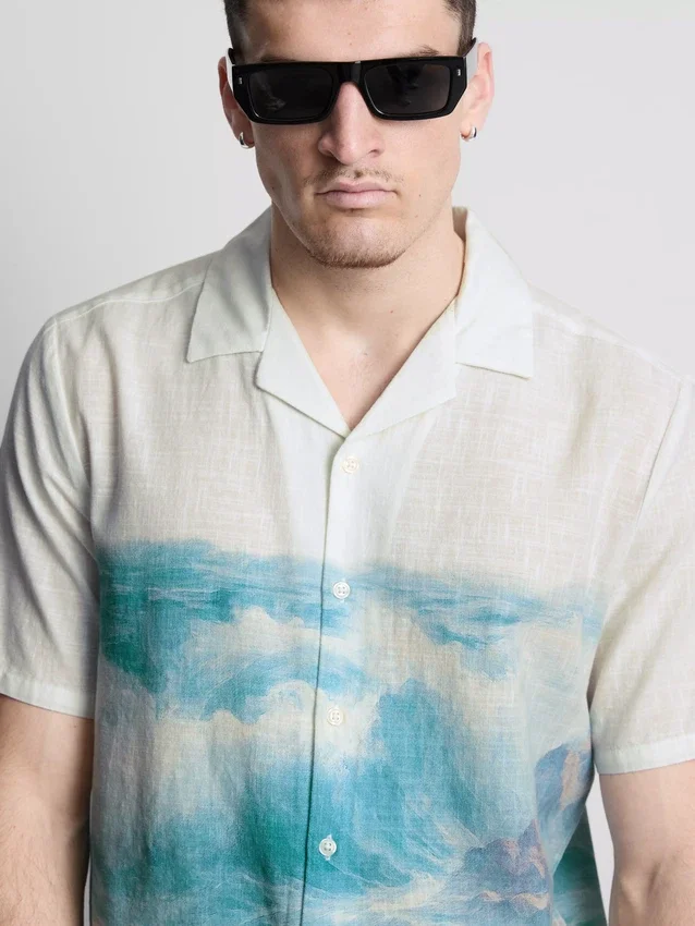 Scenic-print short-sleeve button-down shirt