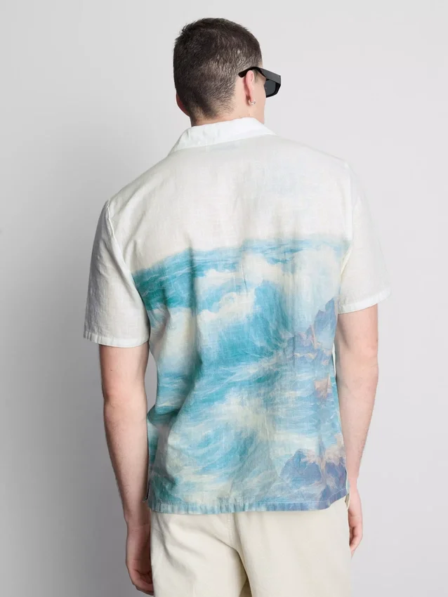 Scenic-print short-sleeve button-down shirt
