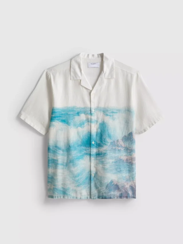 Scenic-print short-sleeve button-down shirt