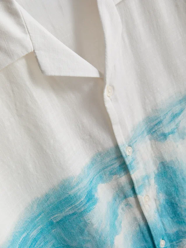 Scenic-print short-sleeve button-down shirt