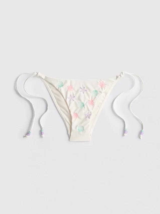Shell embroidered side-tie bikini bottoms