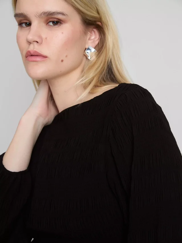 Shirred boat neck long sleeve top