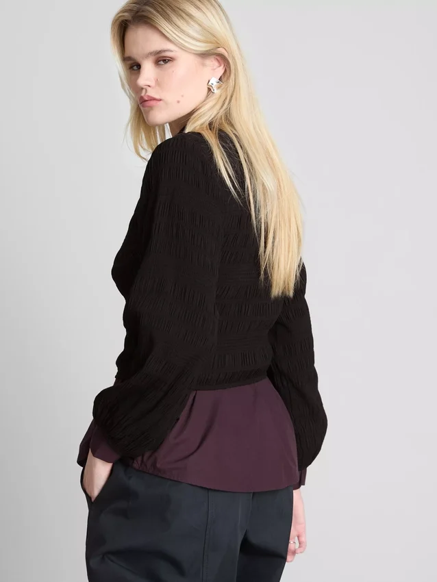 Shirred boat neck long sleeve top