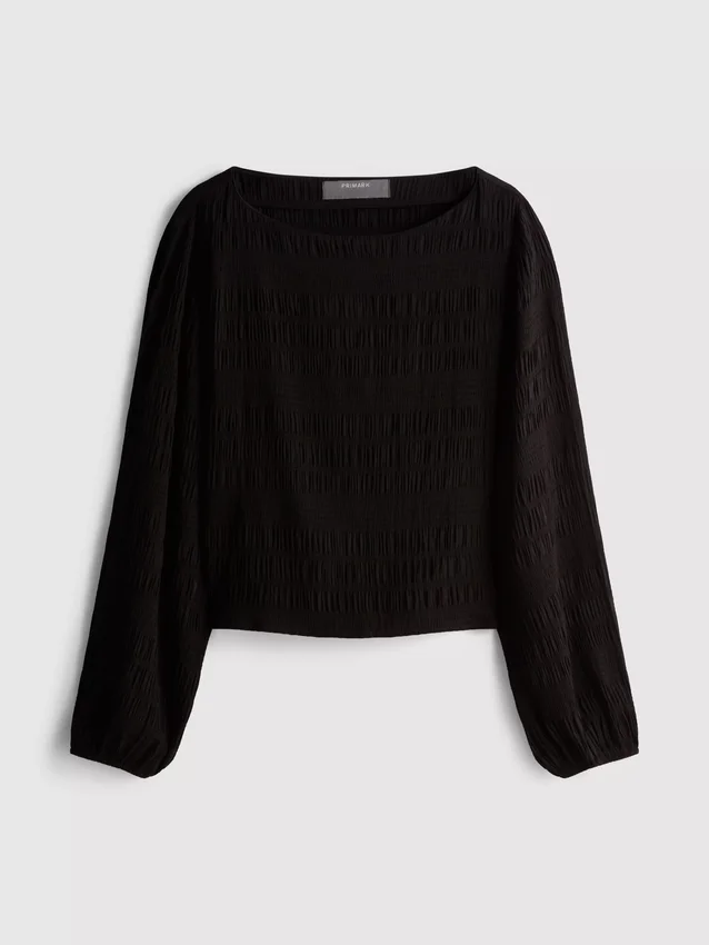 Shirred boat neck long sleeve top