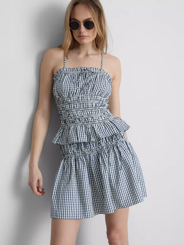 Shirred gingham peplum cami top
