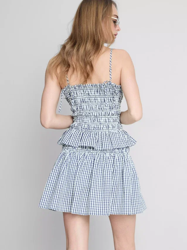 Shirred gingham peplum cami top