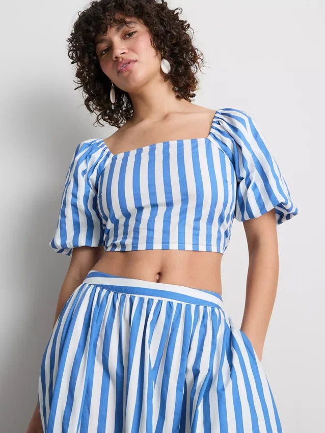 Striped puff sleeve bardot top