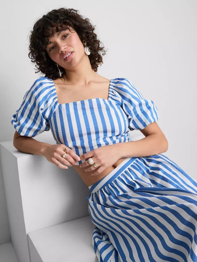 Striped puff sleeve bardot top