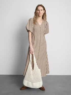 Striped puff-sleeve midi dress