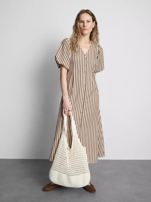 Striped puff-sleeve midi dress