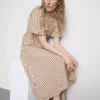 Striped puff-sleeve midi dress