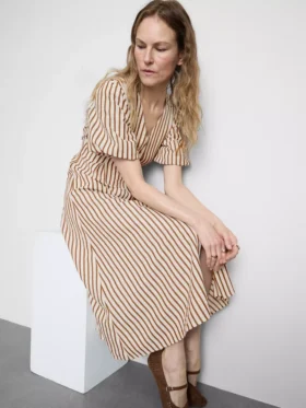 Striped puff-sleeve midi dress
