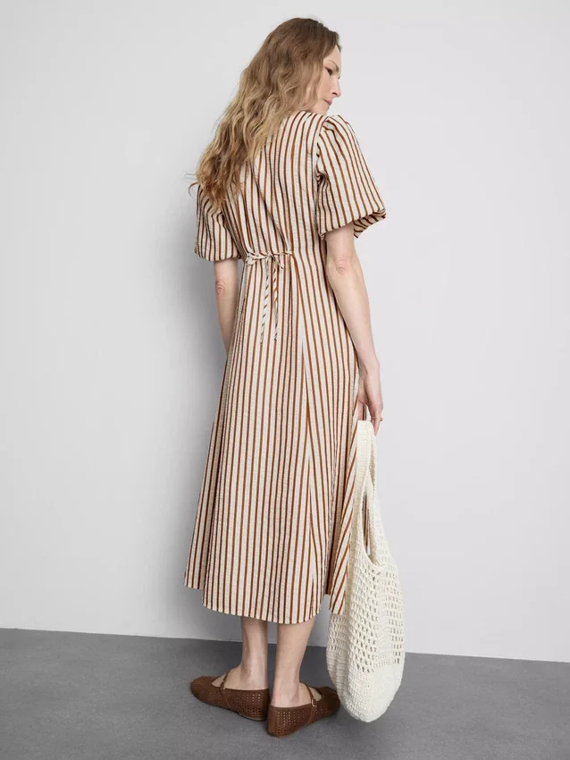 Striped puff-sleeve midi dress