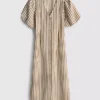 Striped puff-sleeve midi dress