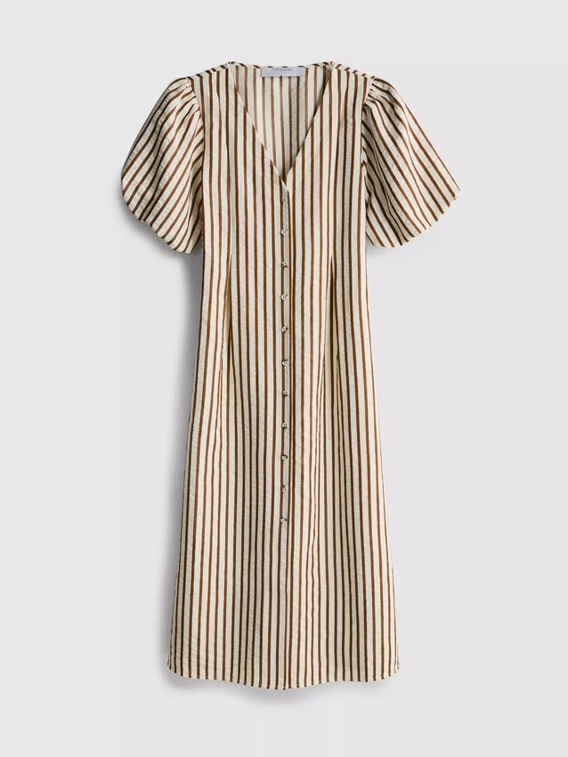 Striped puff-sleeve midi dress