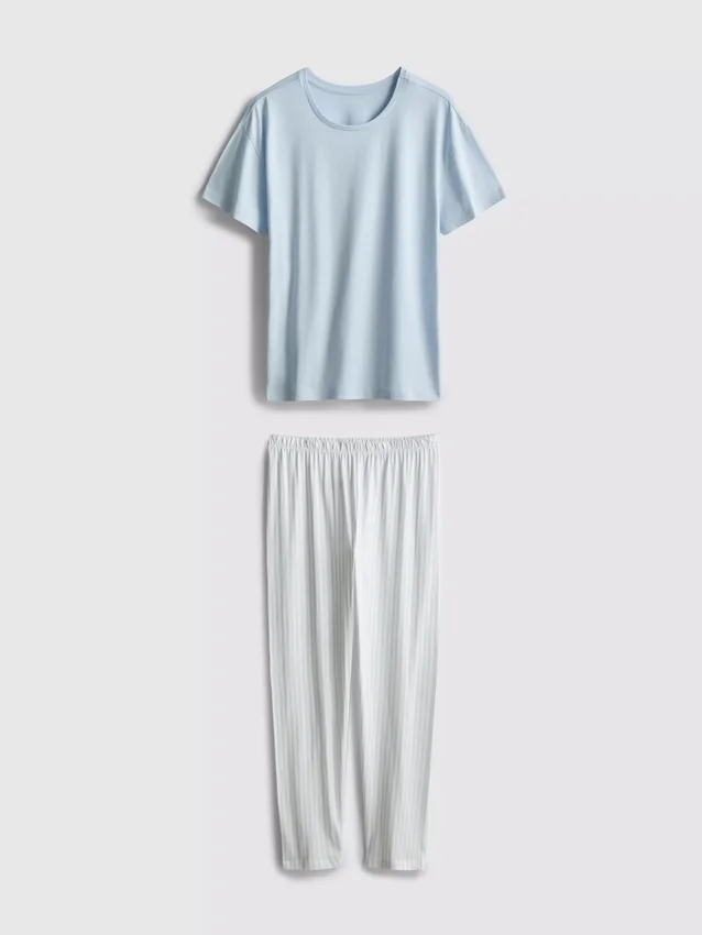 T-shirt and striped-bottom pajamas