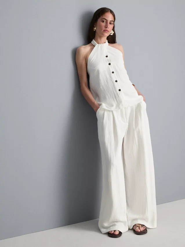 Textured button through halterneck top
