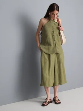 Textured button through halterneck top