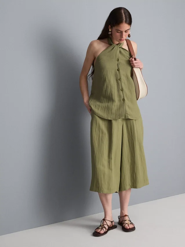 Textured button through halterneck top