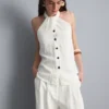 Textured button through halterneck top