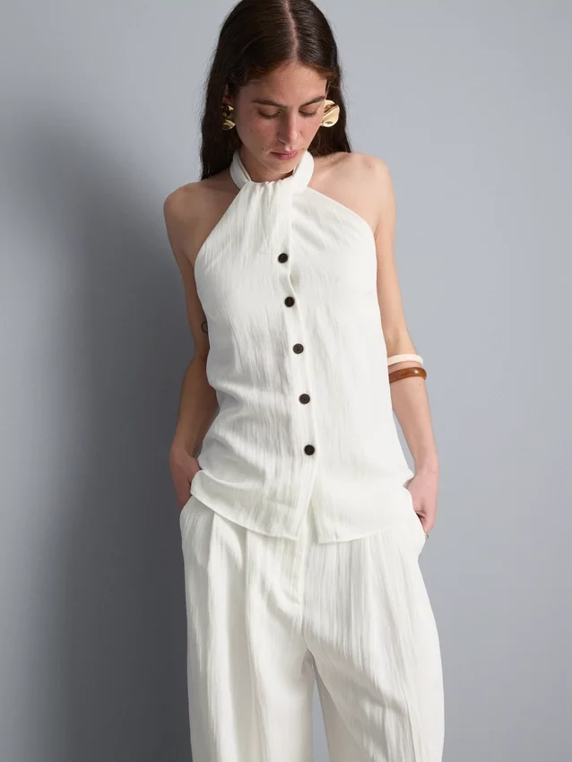 Textured button through halterneck top