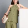 Textured button through halterneck top